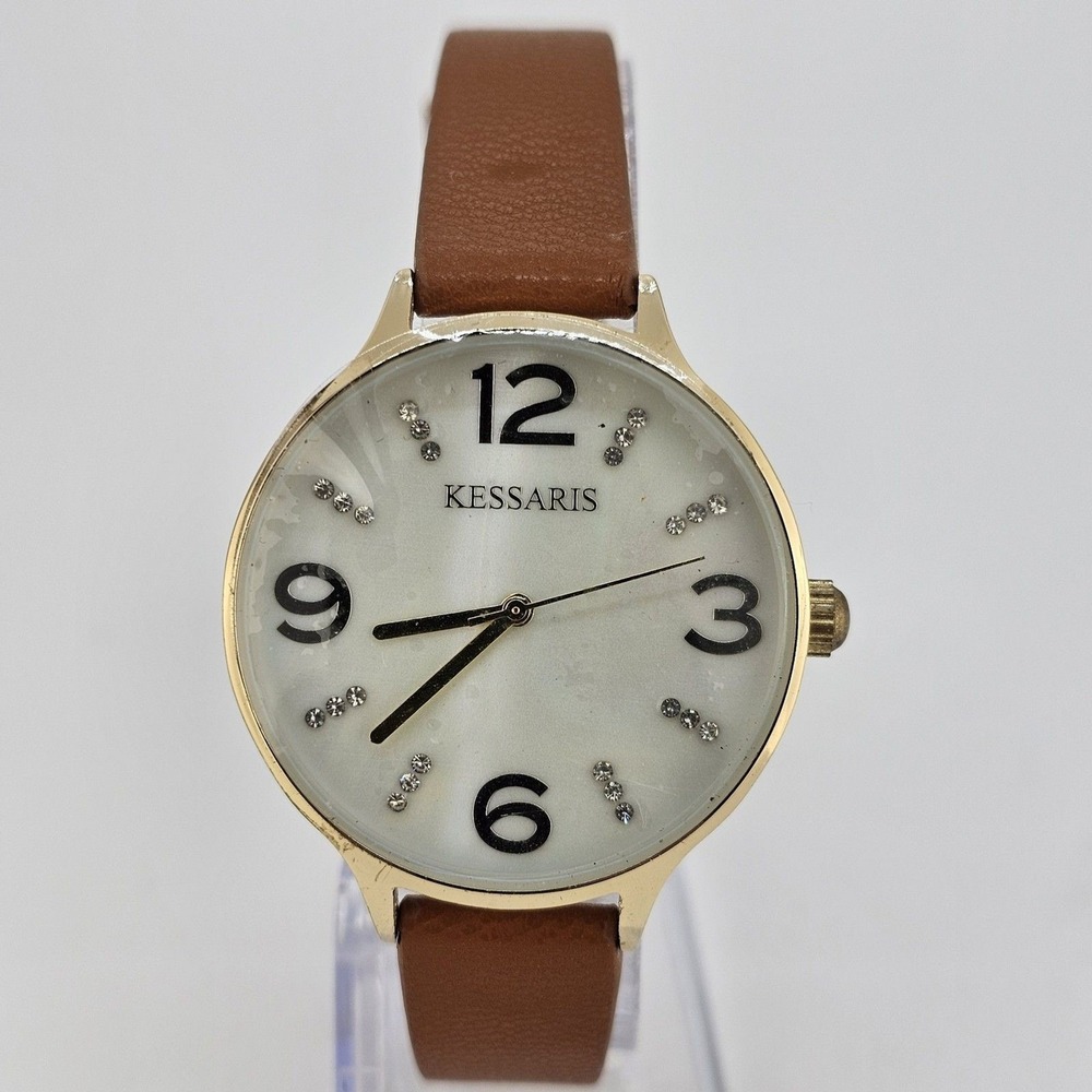 Kessaris Women's Watch 36MM White Dial Brown Faux Leather Bands‎ New Battery
